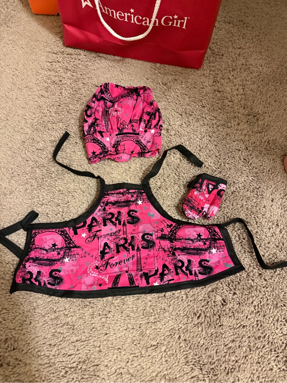 CustomGirls Pink Paris Apron, mitt? And baker hat. Made to fit AG dolls